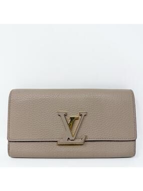 Louis Vuitton Capucines Taurillon Leather Wallet Beige Gold LV Womens